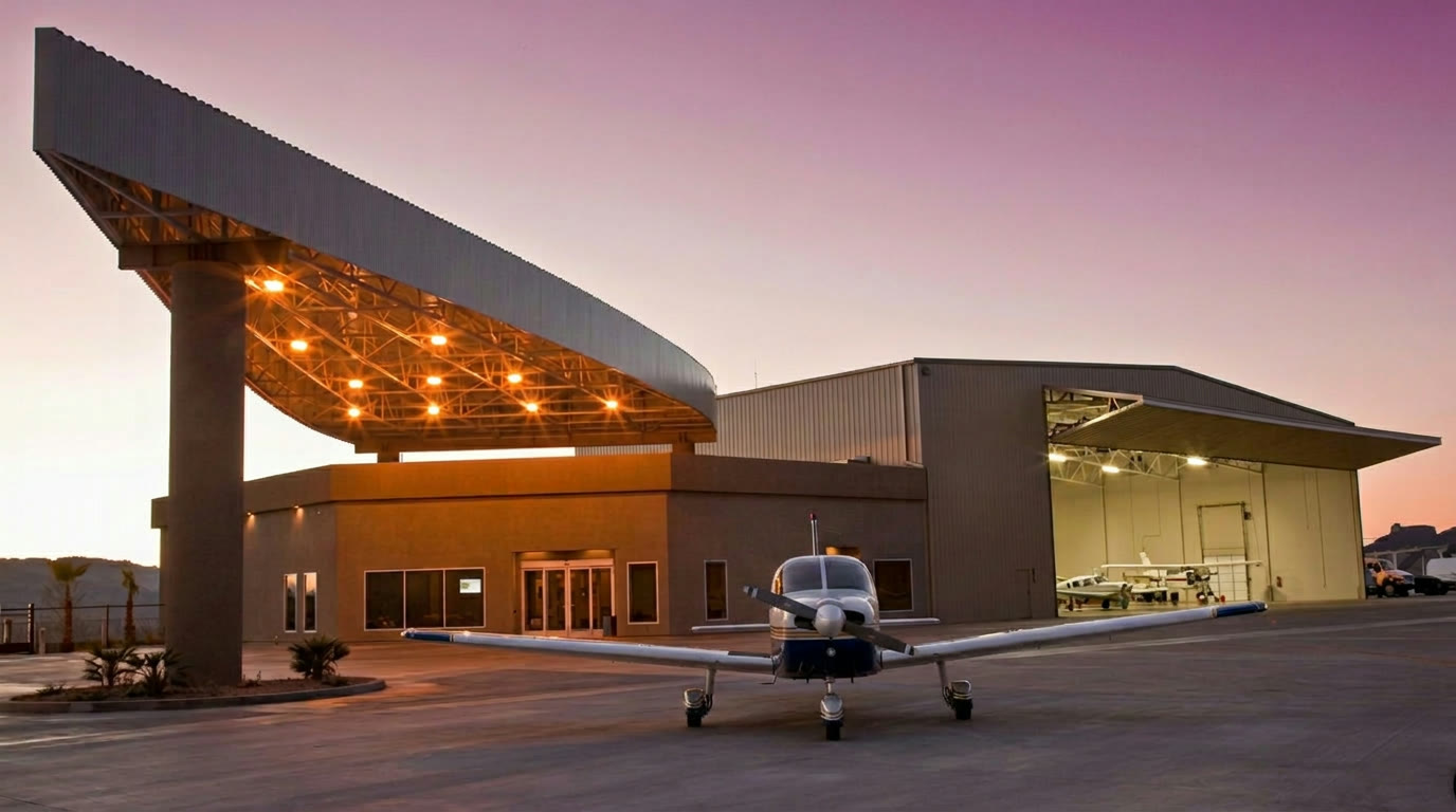 Velocity FBO terminal building at dusk with its distinctive cantilevered canopy roofline and unbranded facade, a single-engine aircraft parked on the ramp out front